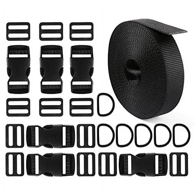 Buckles Strap 1 Inch: Nylon Webbing Straps 6 Yards, Quick Side Release Plastic Buckles Dual Adjustable 6 Pack, Tri-Glide Slide Clip 12 Pcs, Metal D