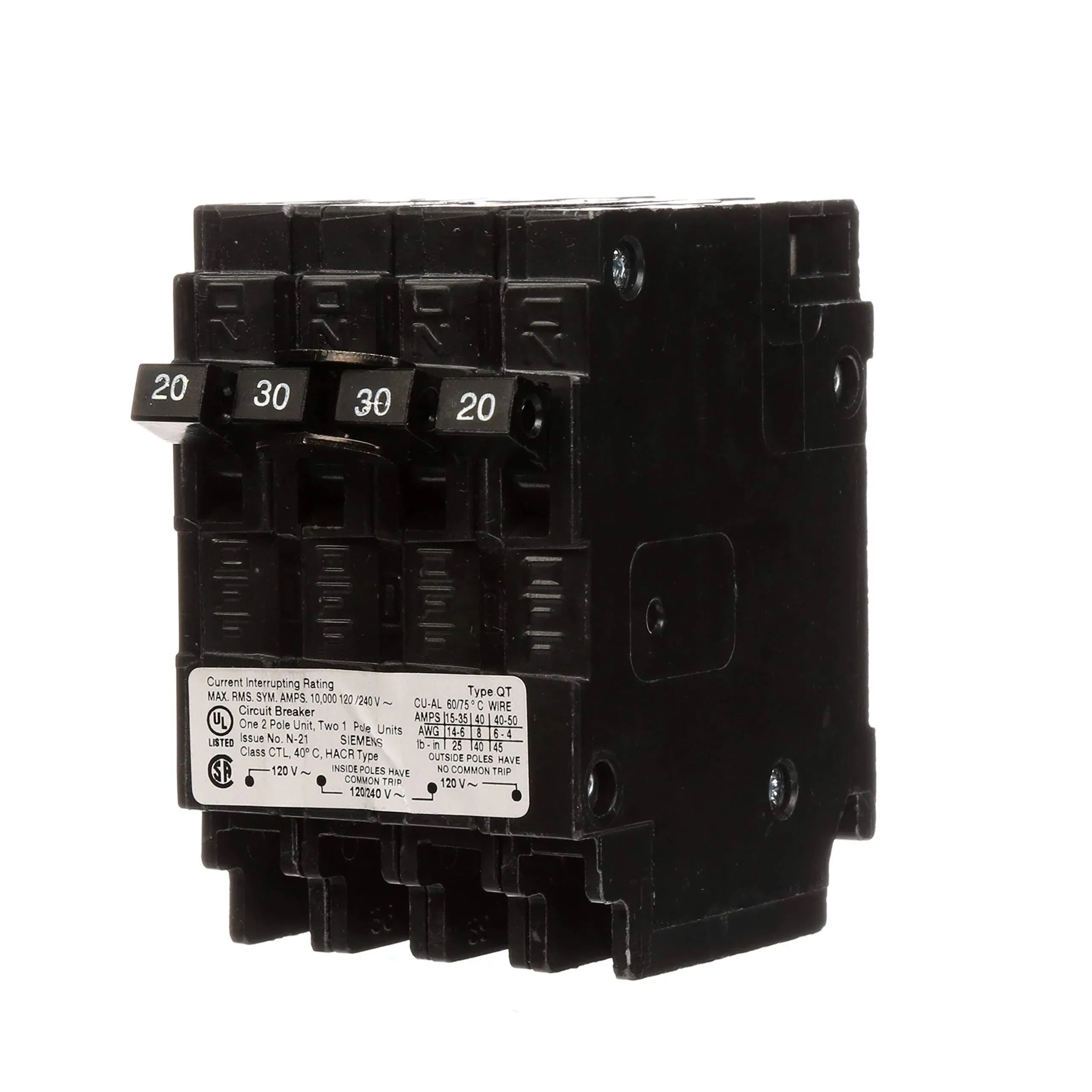 Siemens Q22030CT 30-Amp Double Pole Two 20-Amp Single Circuit Breaker