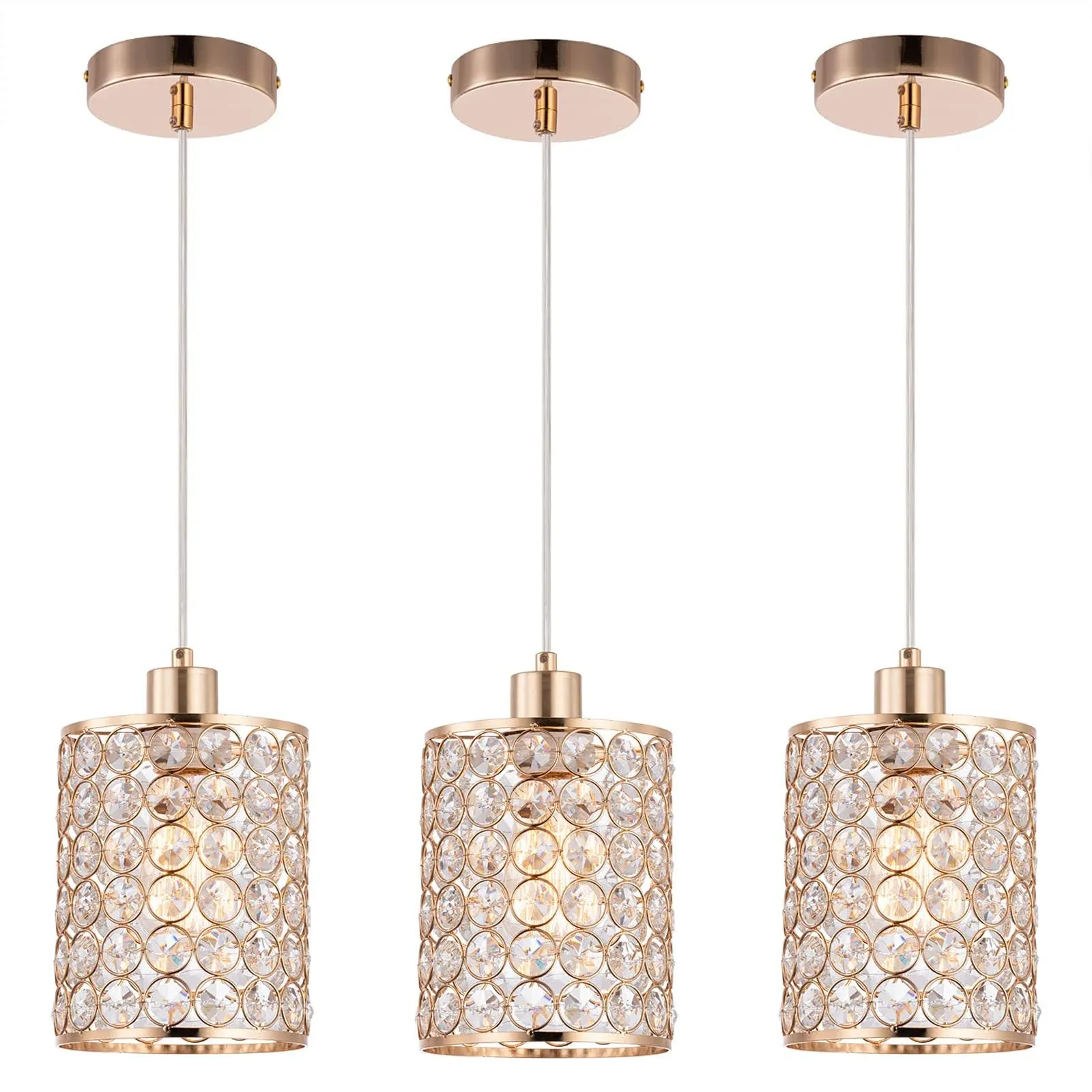 Gold Crystal Pendant Light, 3 Pack Kitchen Island Lighting, Modern Adjustable...