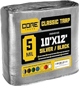 12 ft L x 0.5 mm H x 10 ft W Heavy Duty 5 Mil Tarp, Silver/Black, Polyethylene