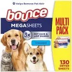 Bounce Pet Hair and Lint Guard Mega Dryer Sheets, Unscented - 130 ct