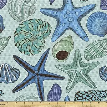 Ambesonne Starfish Fabric by The Yard, Aquarium Inspired Composition Tropical Seashells and Scallops Cockles and Clams, Decorative Fabric for Upholstery and Home Accents, 1 Yard, Blue Seafoam