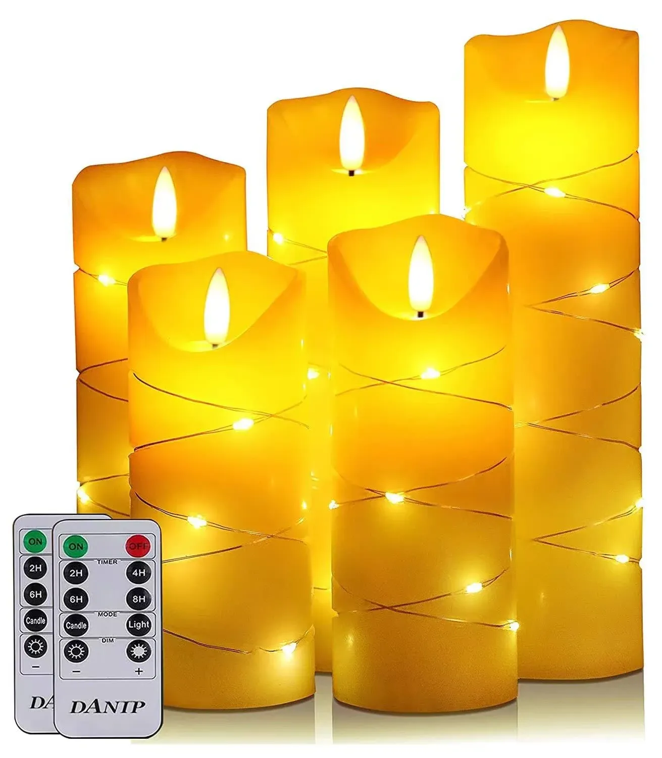 LED flameless Candle, with Embedded Starlight String,（ danip)5-Piece LED Candle, with 10-Key Remote Control, 24-Hour Timer Function, Dancing Flame, Real Wax, Battery-Powered. (Ivory White)