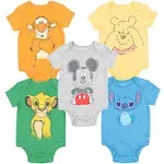 Disney Mickey Mouse Lion King Pooh Bear Tigger Stitch Baby 5 Pack Bodysuits Newborn