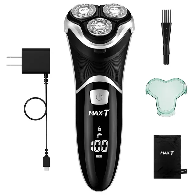 Electric Shaver Razor for Men, Max-T Quick Rechargeable Wet Dry Rotary Shaver with Pop Up Trimmer and LED Display, Ipx7 100% Waterproof 8101 with ADA