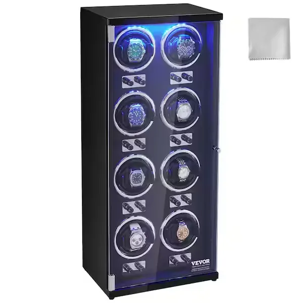 VEVOR 8-Watch Winder, Quiet Motors, LED Light, Adapter, Black PU Shell.