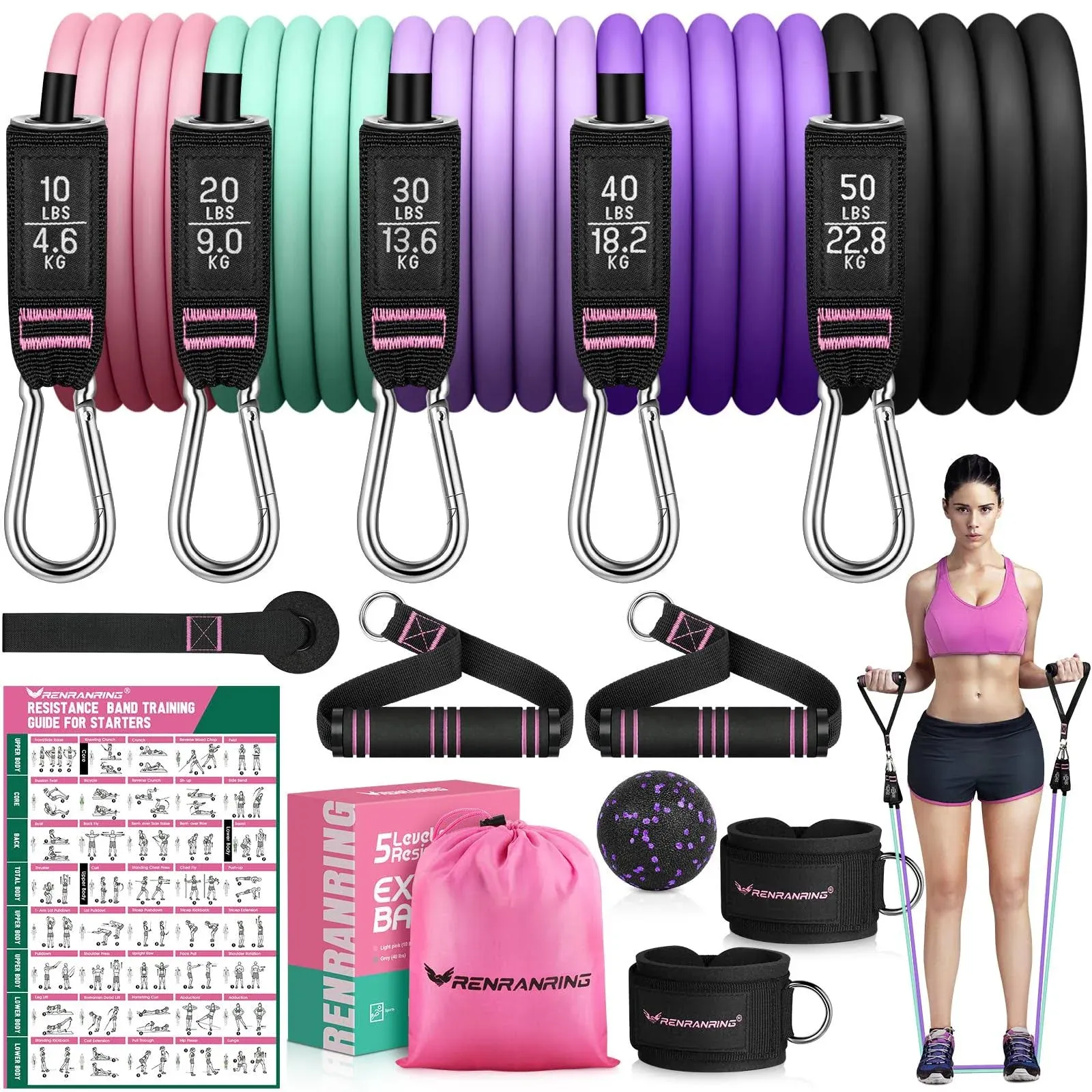  Resistance Bands for 51.0 inch Pink, Green, Light-purple, Purple, Black