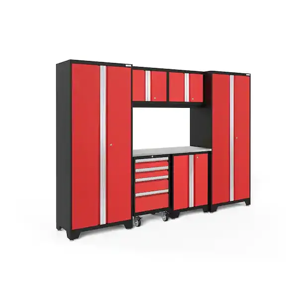 NewAge Products Bold 3.0 Series 7-Piece Garage Cabinet Set, Red / Stainless Steel