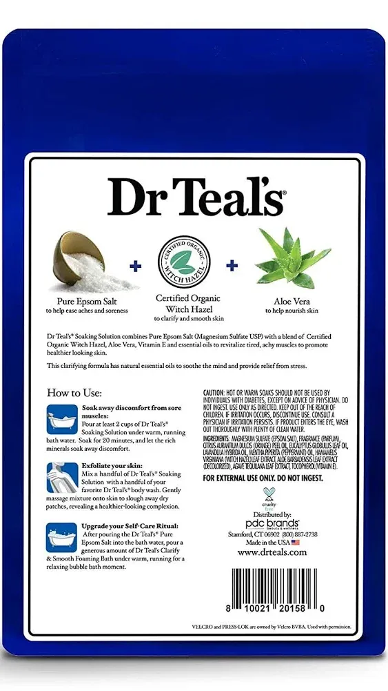 Dr Teal's Pure Epsom Salt Soak, Clarify & Smooth with Witch Hazel & Aloe Vera, 3 lbs (Pack of 4)