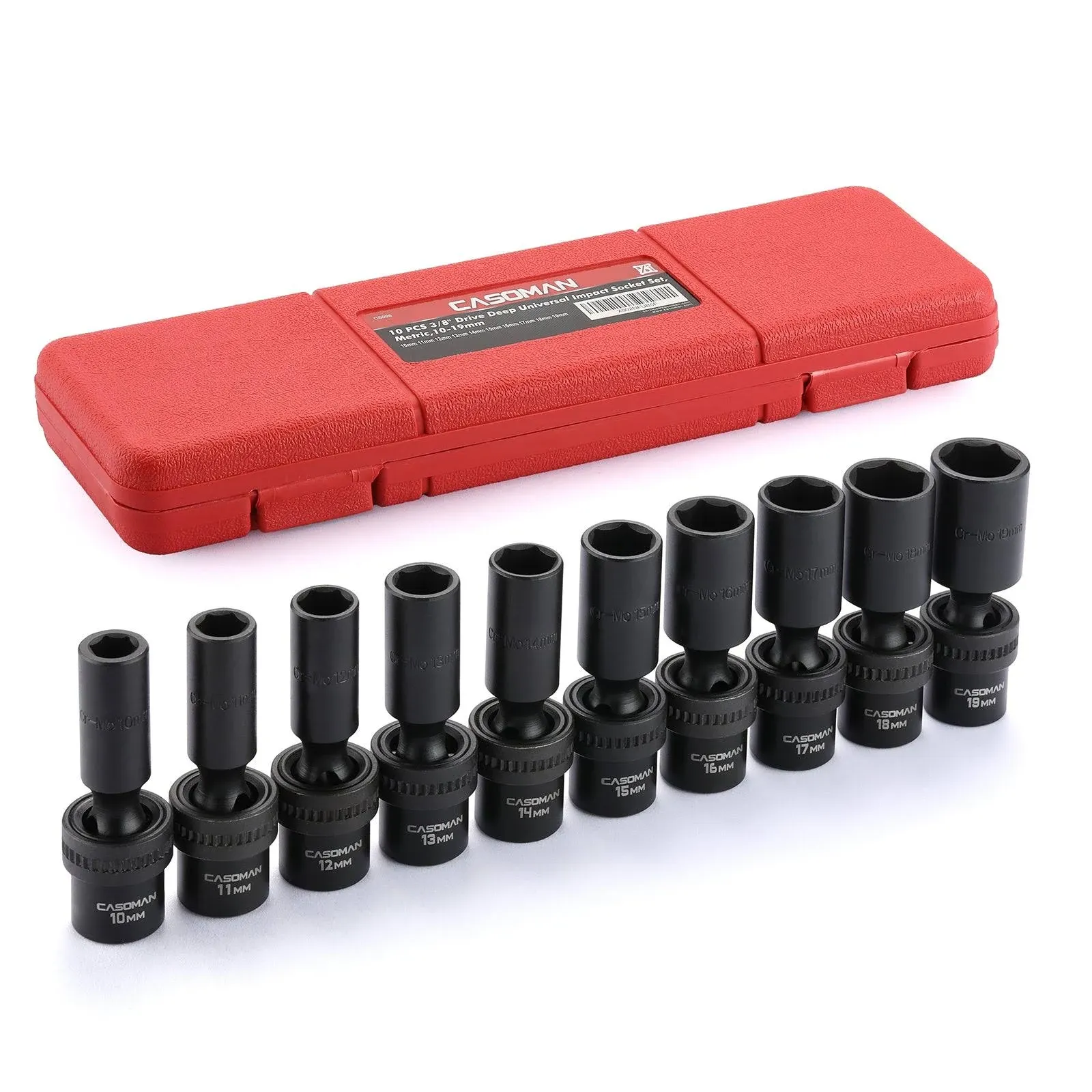 CASOMAN 10 PCS 3/8" Drive Deep Standard Universal Impact Socket Set, 6 Point, CR-MO, Metric,10-19mm