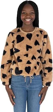 Speechless Girls' Long Sleeve Heart Print Faux Fur Sweatshirt