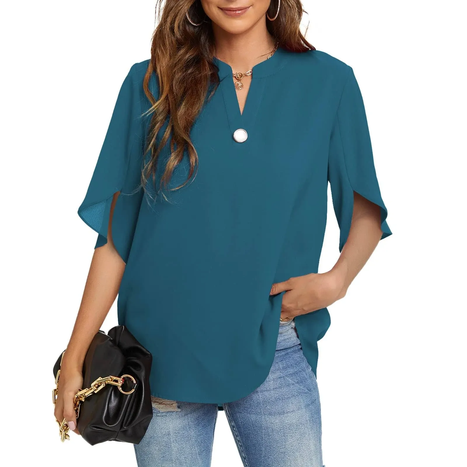 Funlingo Women&#039;s Summer Tops Short Sleeve Casual Shirts V Neck Chiffon Dressy Bl