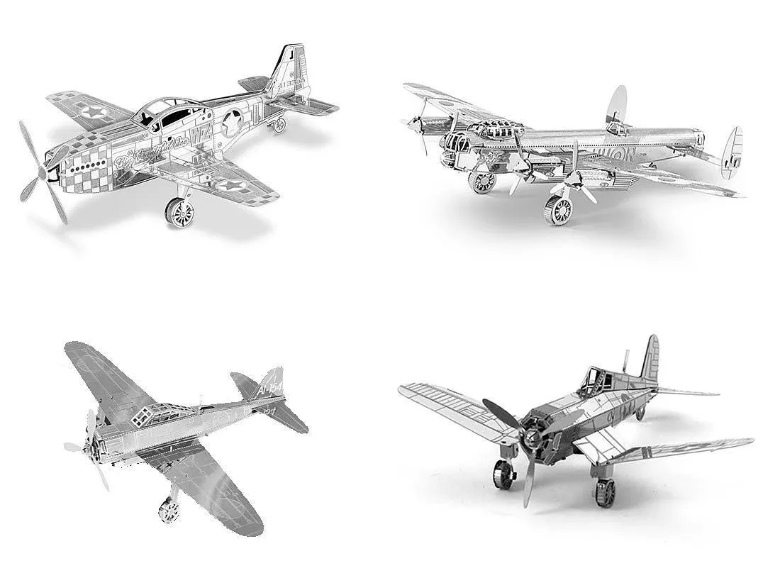 Set of 4 Fascinations Metal Earth Kits - Avro Lancaster Mitsubishi Zero F4U P-51