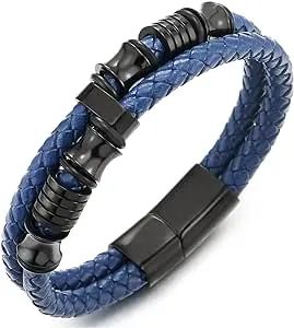 COOLSTEELANDBEYOND Mens Double-Row Braided Leather Bracelet Bangle Wristband with Stainless Steel Ornaments