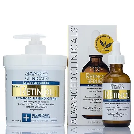 Advanced Clinicals 2 Piece Retinol Skin Care Set. 16oz Spa Size Retinol Firming Cream and 1.75oz Retinol Serum for Wrinkles, Fine