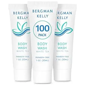 Bergman Kelly Travel Size Body Wash 1 fl oz, 100 pk, White Tea, Delight Your Guests with A Revitalizing and Refreshing Hotel Body Wash, Quality Mini