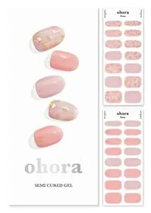 ohora Semi Cured Gel Nail Strips (N Lazy Sunday) - Pink, Patterned, Works with UV/LED Lamps, Salon-Quality, Long Lasting, Easy to Apply & Remove - Includes 2 Prep Pads, Nail File & Wooden Stick