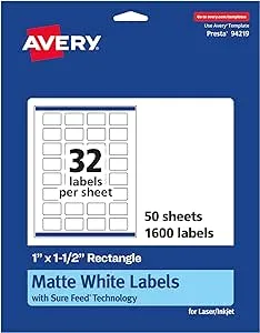 Avery Matte White Rectangle Labels with Sure Feed, 1" x 1.5", 800 Matte White Printable Labels