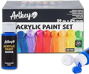 Artkey Acrylic Paint Set - 24 Colors 2oz/59ml Acrylic Paints Professional Artists Painting Kit for Canvases Fabric Rock Leather Easter Egg Wood