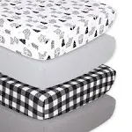 Grey Woodland Plaid 4 Pack Print &amp; Solid Microfiber Fitted Crib Sheet Set