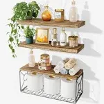 Amada HOMEFURNISHING Amada Bathroom Shelves Over Toilet, Floating Bathroom Wall Shelves with Storage Basket, Paulownia Wood Wall Décor Shelves for