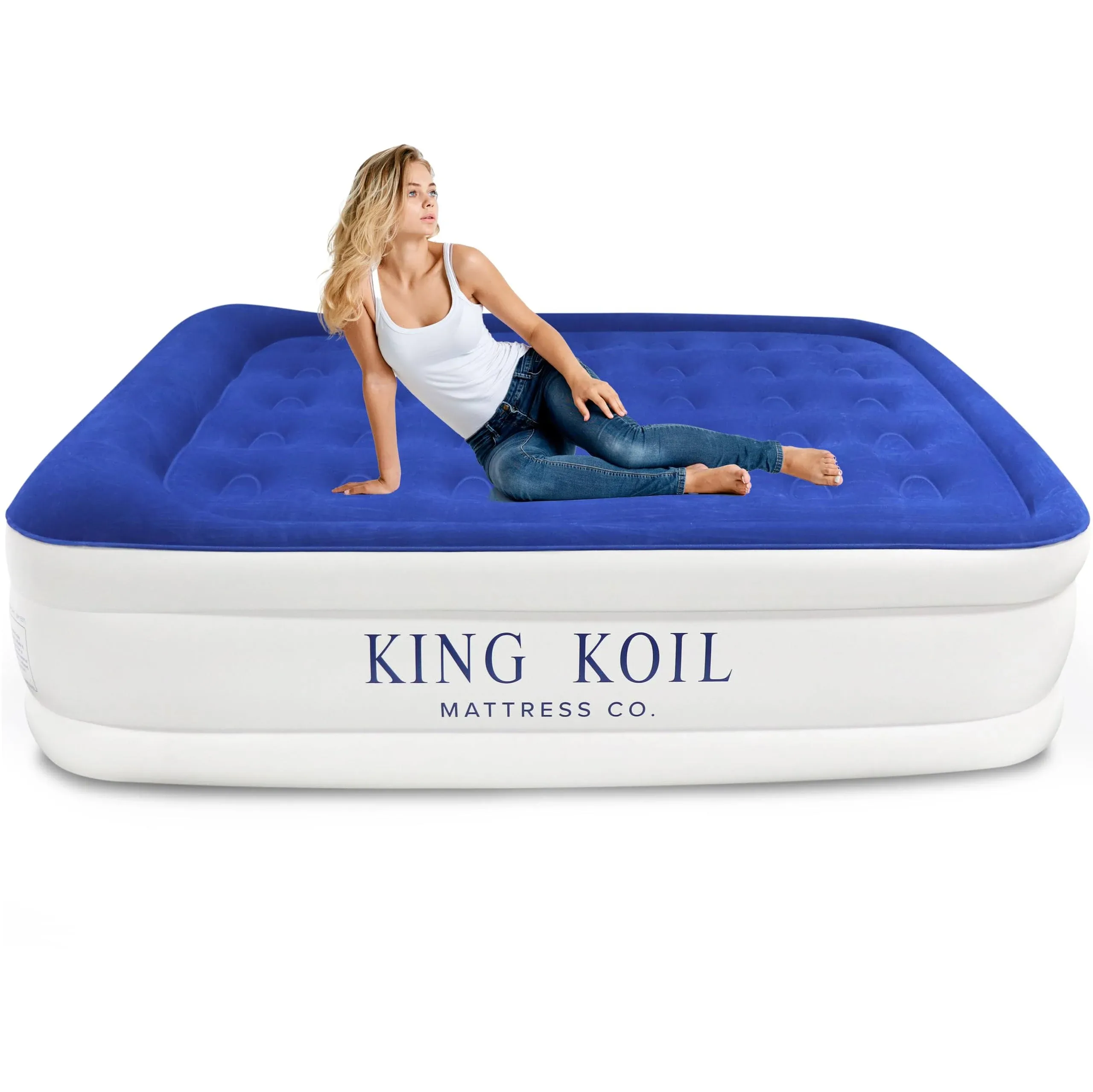 King Koil Luxury Full Size Air Mattress with Built-in Pump for Home, Camping & Guests, Inflatable Airbed Luxury Double High Blow Up Bed