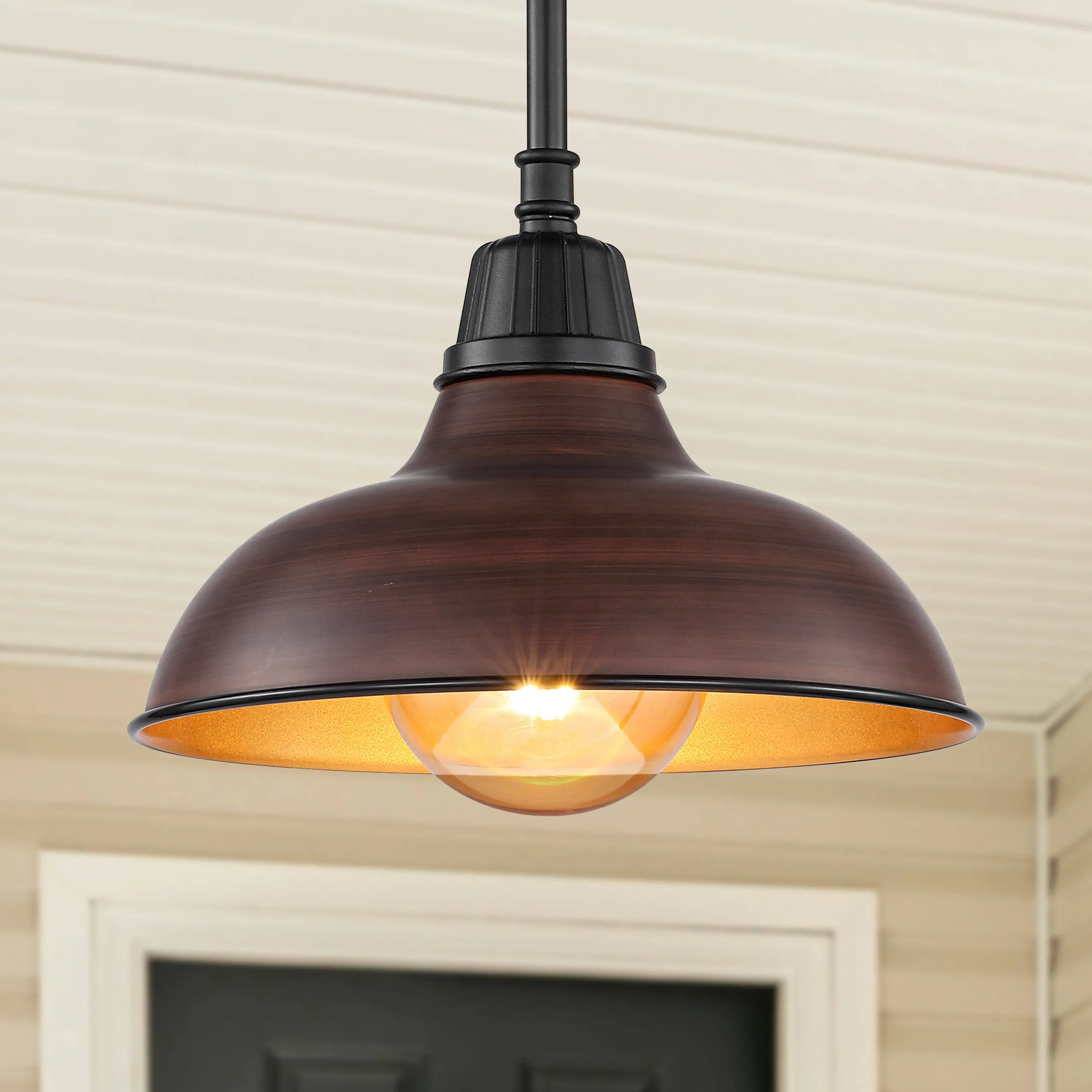 JONATHAN Y JYL7611G Jasper 12.25" 1-Light Farmhouse Industrial Indoor/Outdoor Iron LED Round Pendant Metal Bowl Shade Vintage Cottage Rustic Porch Patio Yard Barn, Wood Finish/Copper