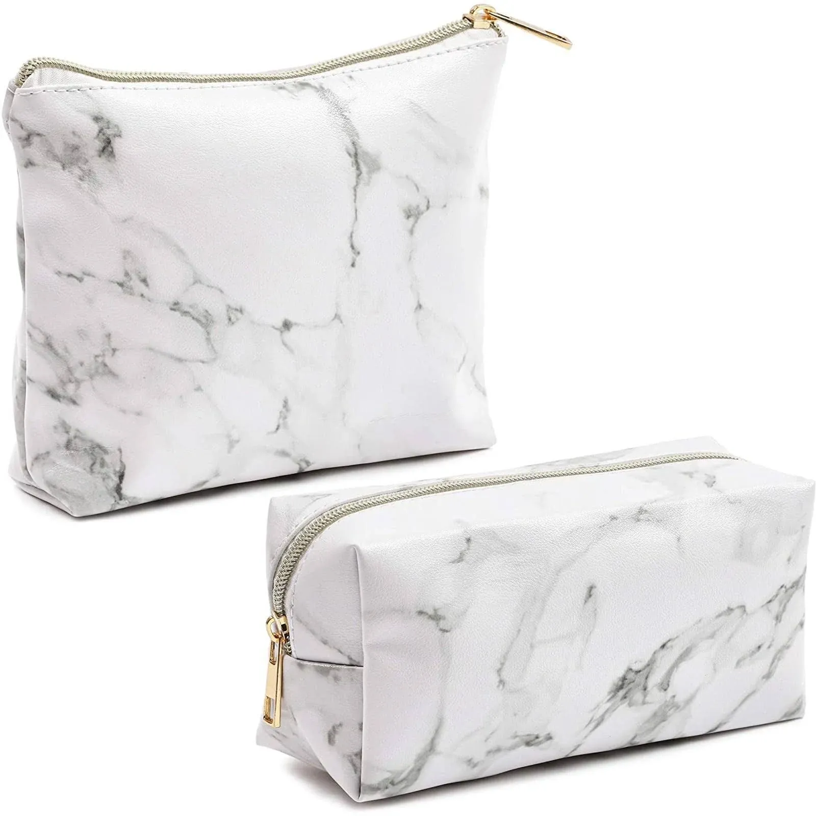 Glamlily Set of 2 White Marble Makeup Organizer Bag, Cosmetic Storage Pouch, Travel Toiletry Case