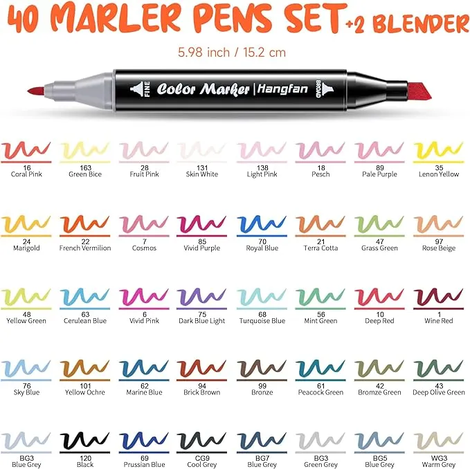 Art Markers,Markers for Adult Coloring Books No Bleeding,40 Colors Dual Tip Alcohol Markers Brush Tip,Give 1 White Highlighter,1 Tracing Pen,Anime Coloring Sketch Illustrations (Black Pen Container)