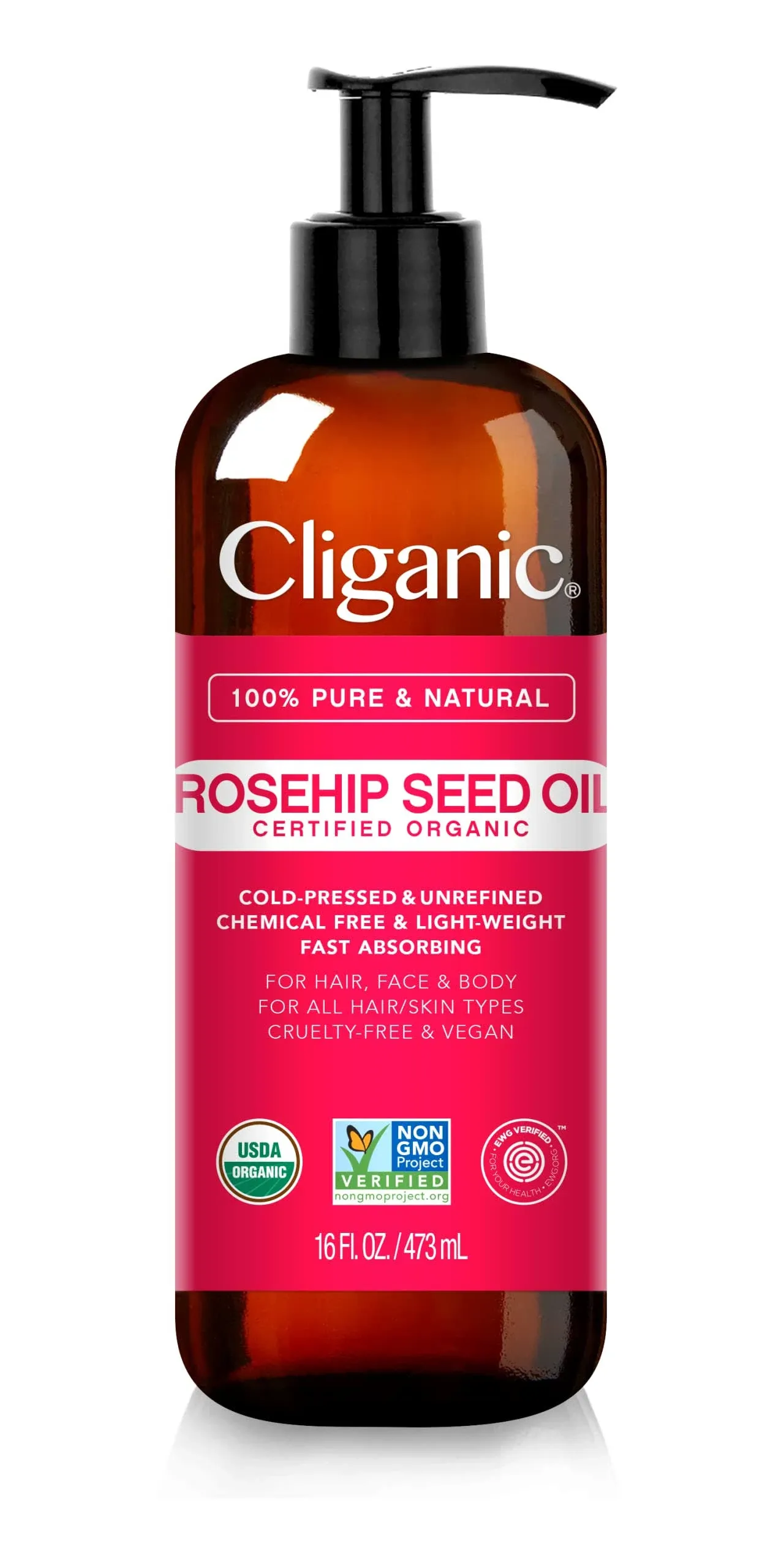 Cliganic Organic Rosehip Seed Oil for Face, 100% Pure | Natural Cold Pressed Unrefined Non-GMO | Carrier Oil for Skin, Hair & Nails (Packaging May Vary)