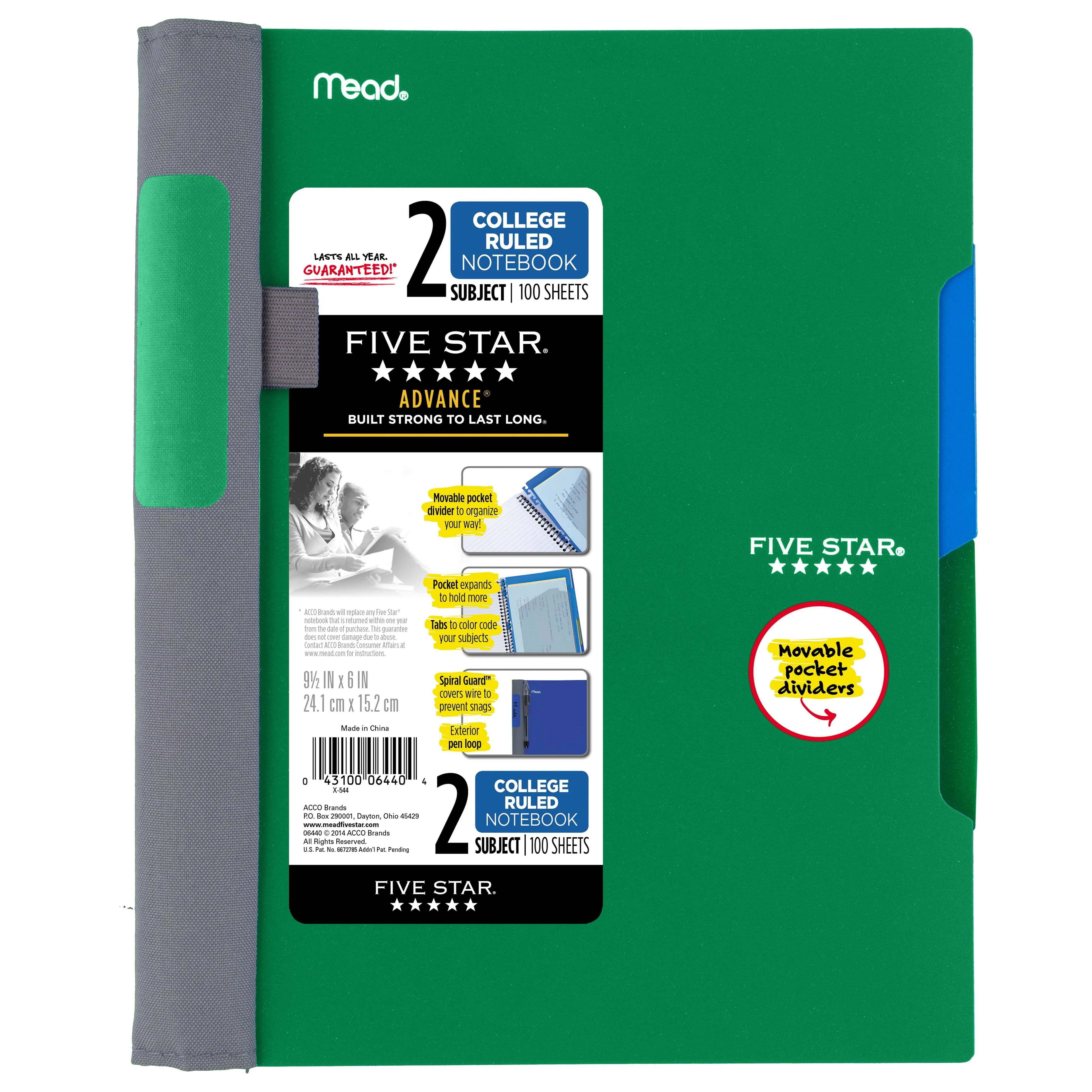 Five Star Advance Small Spiral Notebook, 2 Subject, College Ruled Paper, 100 Sheets, 9-1/2" x 6", Teal (73164)