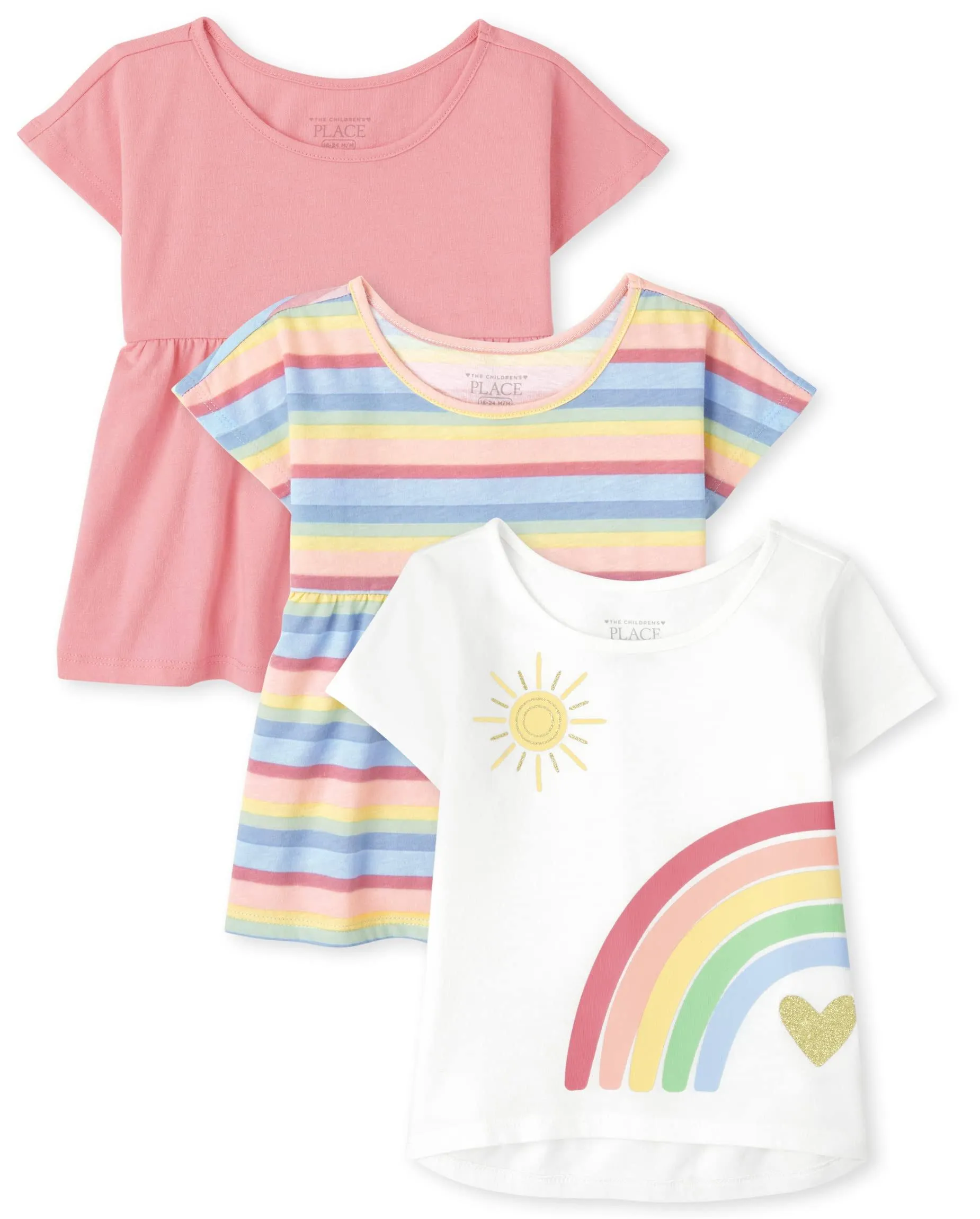 The Children's Place Toddler Girls Rainbow Top 3-Pack | Size 12-18 M | Pink | Cotton/Polyester