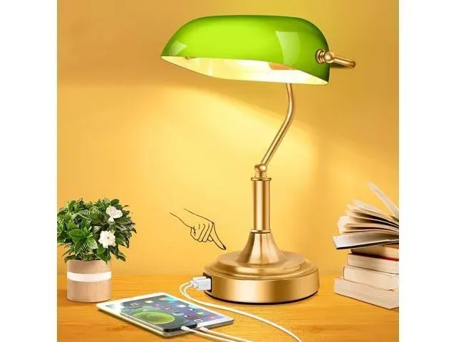 Bankers Lamp with 2 USB Ports, Touch Control Green Glass Desk Lamp with Brass Base, 3-Way Dimmable Vintage Desk Lamp for Home Office Workplace Nightstand Bedroom Library Piano, LED Bulb Included