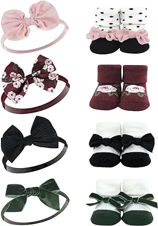 Hudson Baby Headband and Socks Giftset, Burgundy Floral 8-Piece