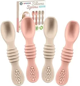 Sperric Silicone Baby Spoons for Baby LED Weaning 4-Pack, First Stage Baby Feeding Spoon Set Gum Friendly BPA Lead Phthalate and Plastic Free (Rose Quartz)