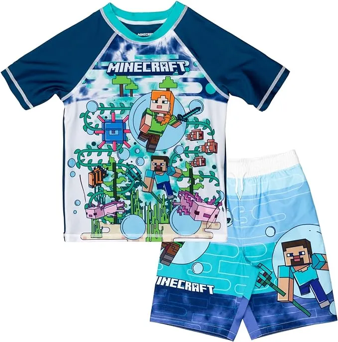 Minecraft Alex Steve Big Boys Rash Guard and Swim Trunks Swimsuit Set Blue 10-12Minecraft Alex Steve Big Boys Rash Guard and Swim Trunk…