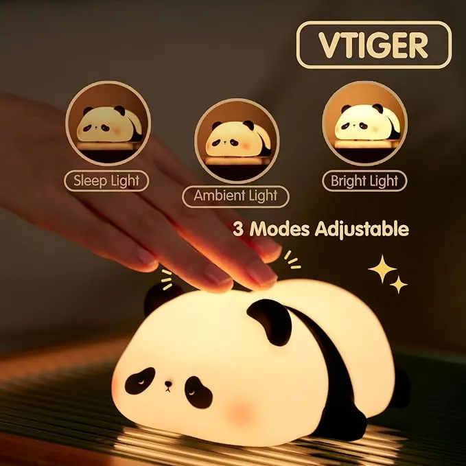 VTIGER Panda Night Light for Kids, Rechargeable LED Touch Cute Lamp, Food Grade Silicone, 3 Modes Squishy Panda Night Lamp, Cute Night Light for Nursery Baby Room, Nice Gifts for Kids Girls Boys