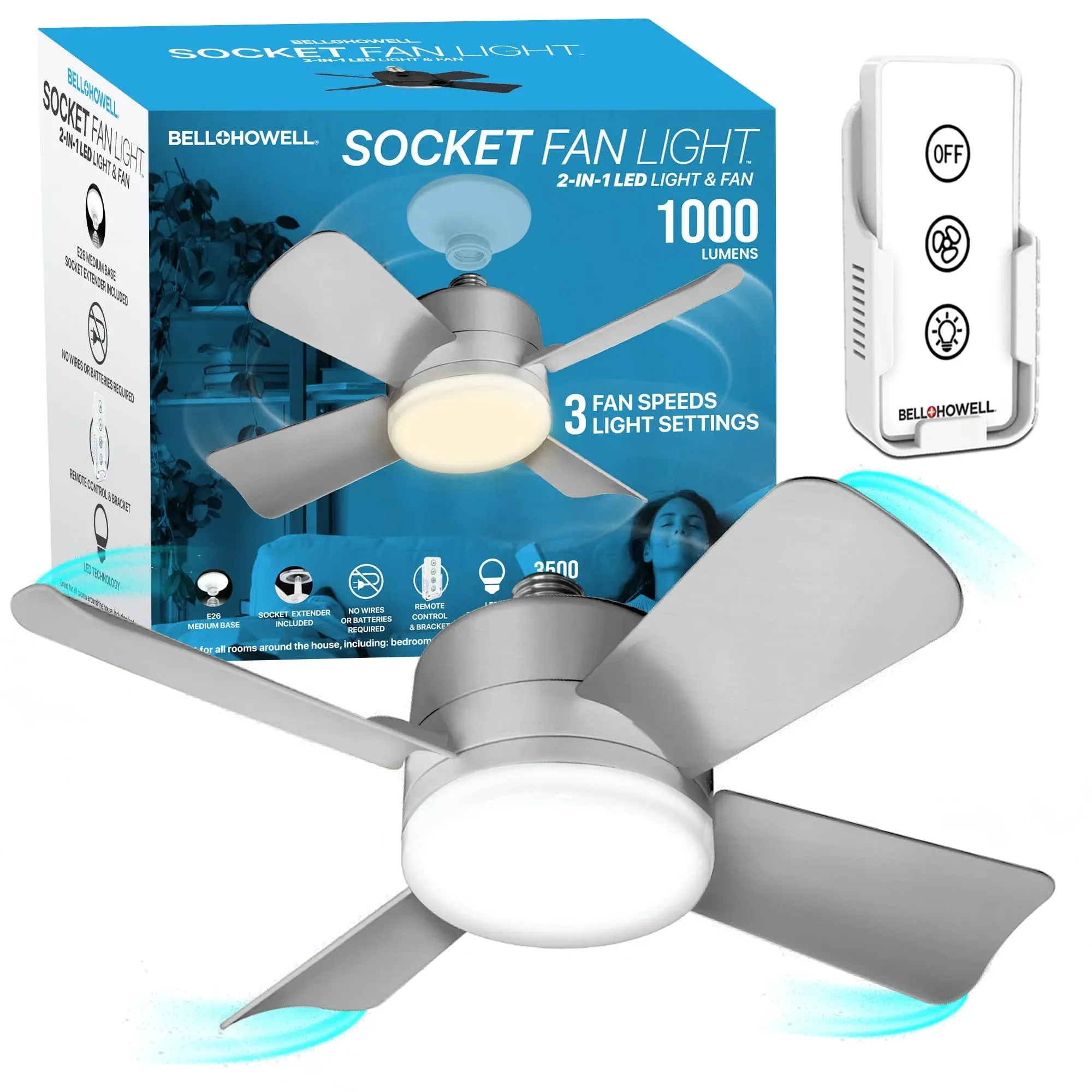 Socket Fan Light Original Warm Light Ceiling Fans with Lights and, Silver