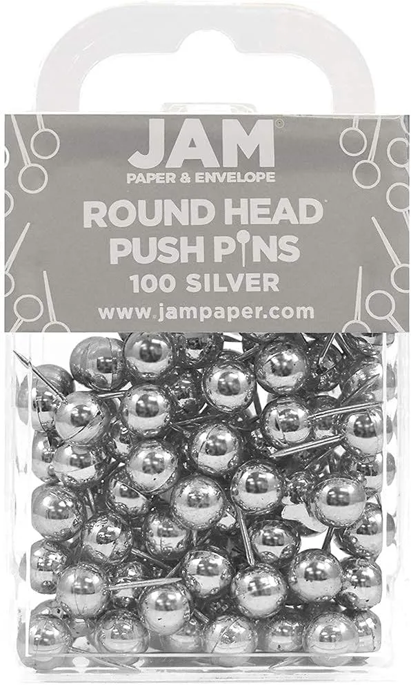 JAM PAPER Colorful Push Pins - Round Head Map Thumb Tacks - Silver PushPins - 100/Pack