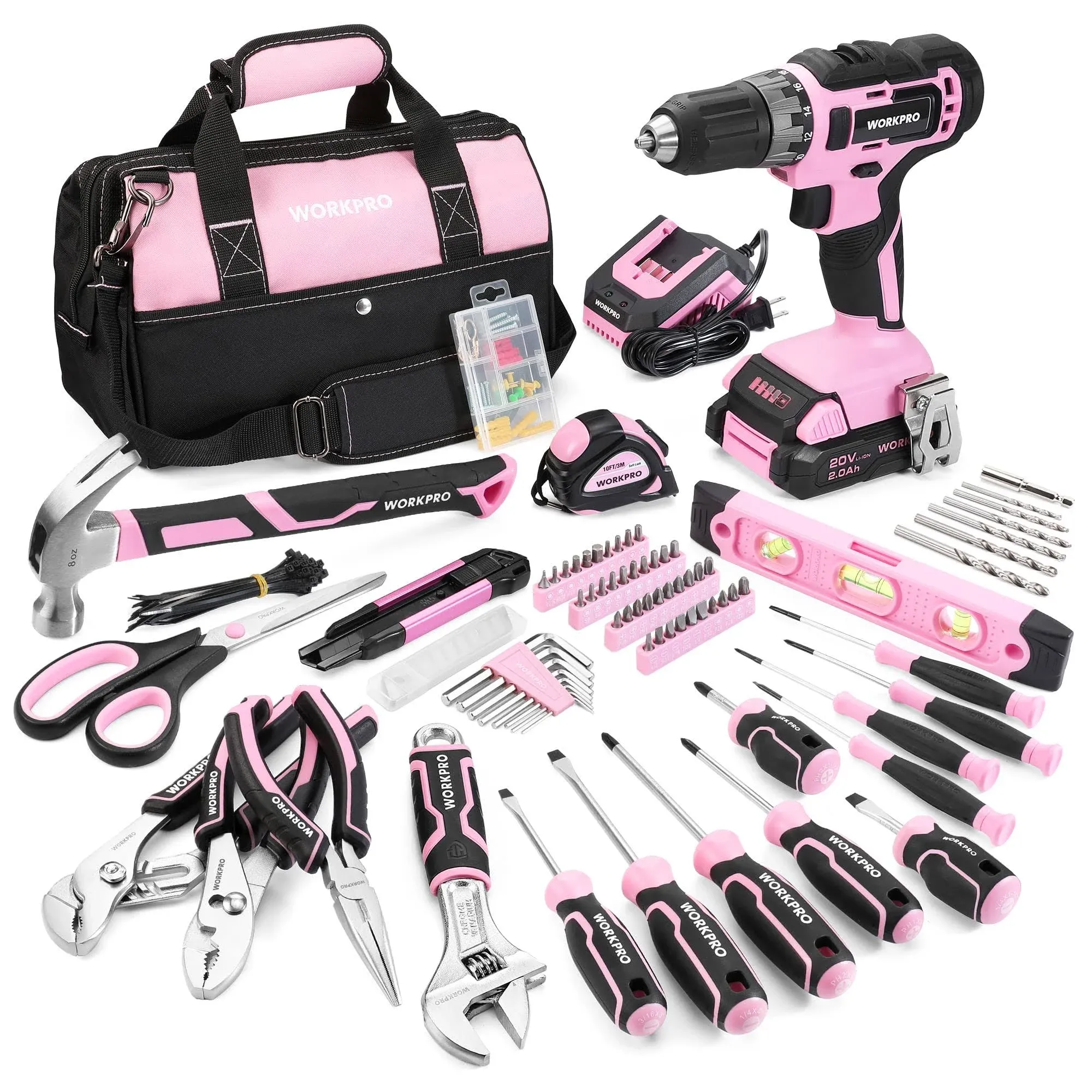 WorkPro Pink Household Tool Kit with 20V Cordless Lithium-Ion Drill Driver