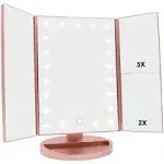 Lighted Makeup Mirror, Tri-fold Vanity Mirror with 1X/2X/3X Rose Gold