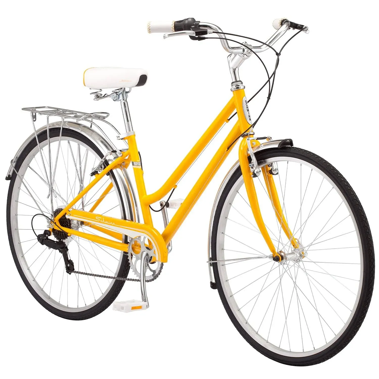 Schwinn Wayfarer Adult Bike Hybrid Retro-Styled Cruiser, 16-Inch/Small Steel Step-Through Frame, 7-Speed Drivetrain, Rear Rack, 700c Wheels, Yellow