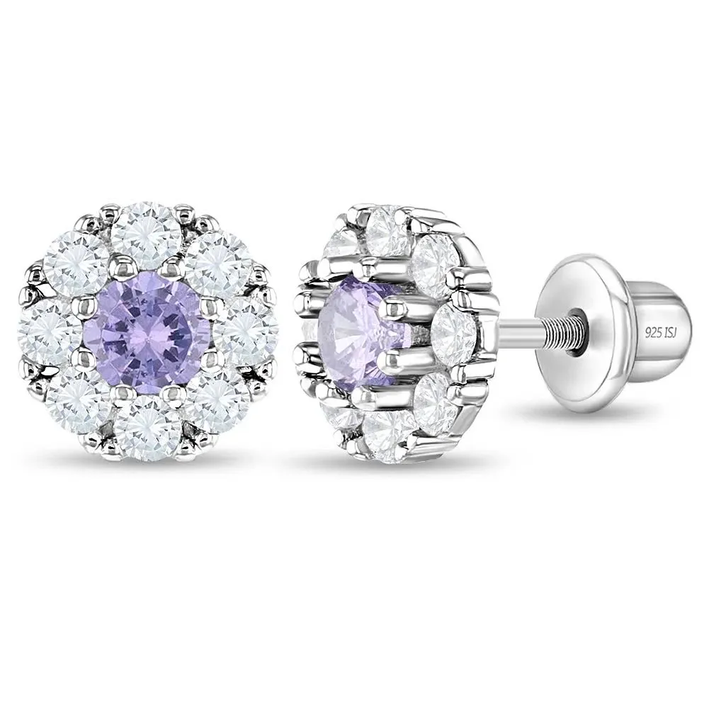 Girls' CZ Encircling Solitaire Screw Back Sterling Silver Earrings - Clear ...