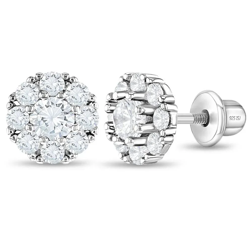 Girls' CZ Encircling Solitaire Screw Back Sterling Silver Earrings - Clear - in ...