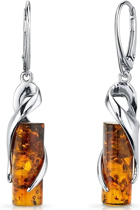 Amber Elliptical Earrings Sterling Silver Cognac Cylindrical In Grey