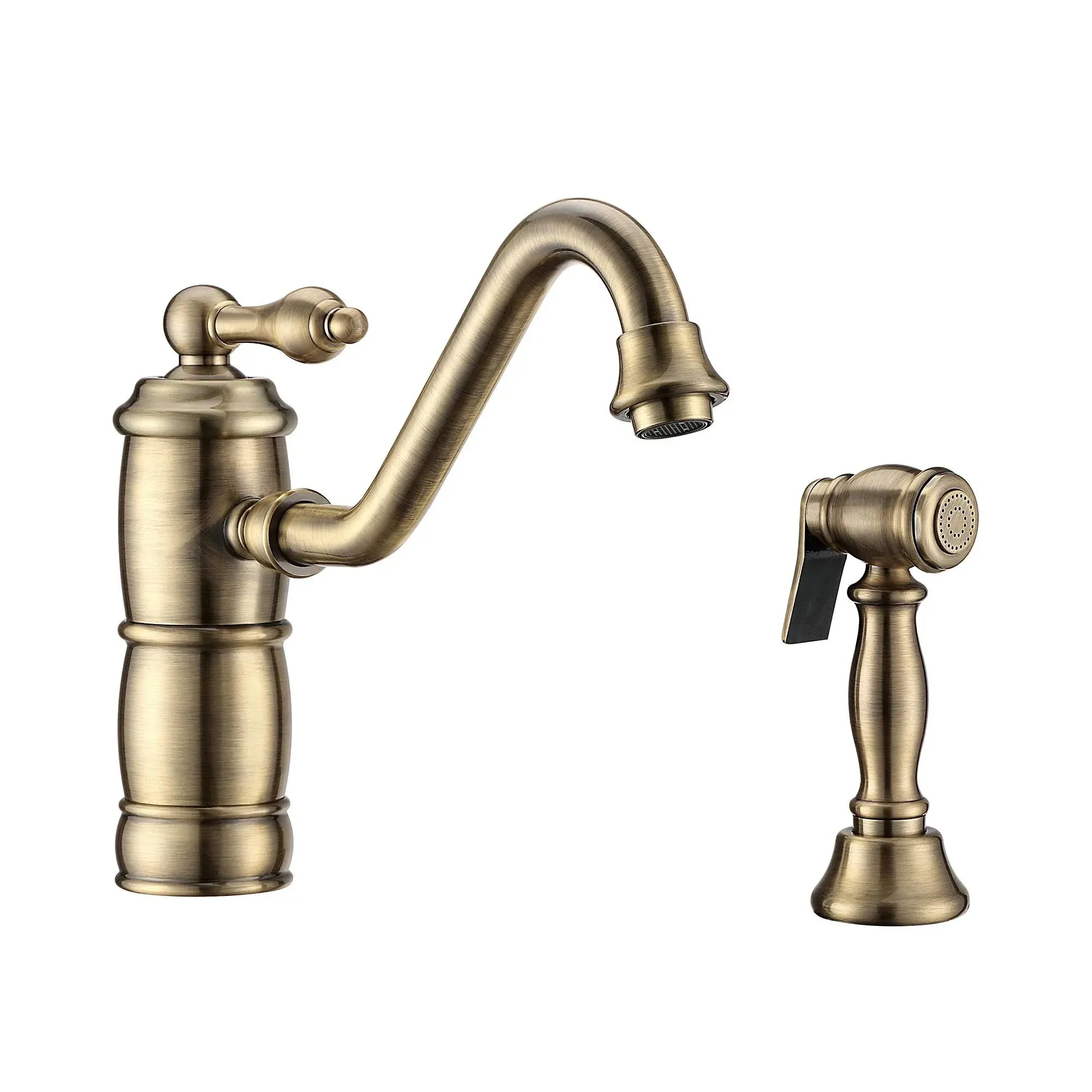 Whitehaus Collection WHKTSL3-2200-NT-AB Vintage III Plus Single Lever Traditional Swivel spout and Solid Side Spray Kitchen Faucet, Antique Brass