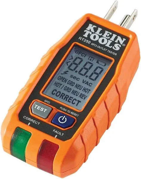 Klein Tools RT250 GFCI Outlet Tester, LCD display, for 120V 3-wire outlets.