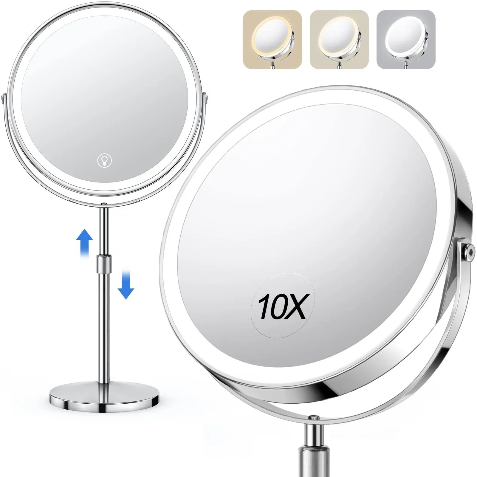 10x Large Lighted Makeup Mirror, Rechargeable 8" Height Adjustable Vanity Mirror, 1x/10x Magnifying Mirror with 3 Color, Brightness Adjustable, 360°