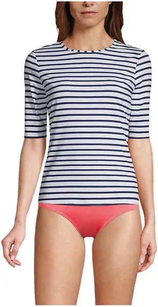 Lands' End Women's Petite Crew Neck Elbow Sleeve Rash Guard Swim Tee