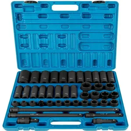 Impact Socket Set 1/2 Inch 43 Pcs Standard+Deep 9 to 30 MM 6-Point Extension Bar